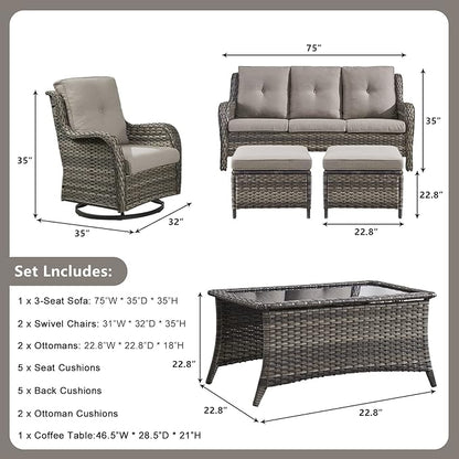 Rilyson Wicker Patio Furniture Set - 6 Piece Rattan Outdoor Sectional Conversation Sets with 2 Swivel Rocking Chairs,2 Ottomans,1 Sofa and 1 Coffee Table for Porch Deck Garden(Mixed Grey/Grey)