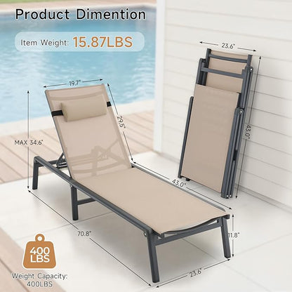 ONBRILL 2 PCS Chaise Lounge Chair Outdoor, Foldable & Assembly Free Outdoor Lounge Chair with 5 Position Adjustable Backrest, Aluminum Pool Lounge Chairs for Outside Poolside Patio Beach Lawn, Khaki