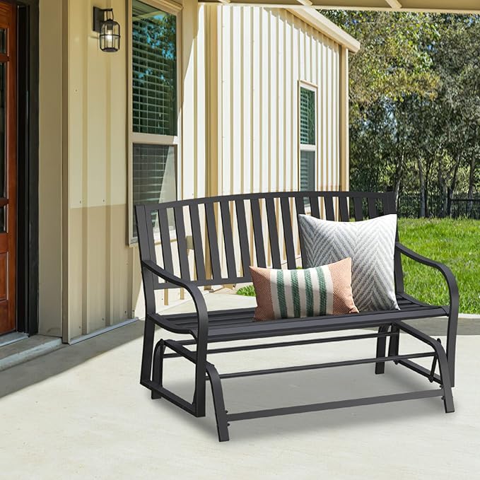 50" Outdoor Porch Glider Bench Patio Gliders, Full Metal Stabilized Steel Frame Finished with Rust Resistant Coating 2 Person Porch Glider, Suitable for Front Yard Garden, Balcony, Poolside
