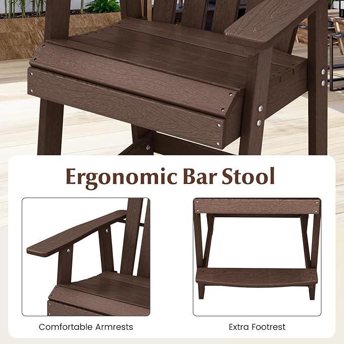 Tangkula Outdoor Bar Stool, HDPE Tall Adirondack Chair with Armrest & Footrest, Weather Resistant 47 Inch Counter Height Barstool Lifeguard Chair for Pool Deck Patio Garden, Balcony Chairs (1, Brown)
