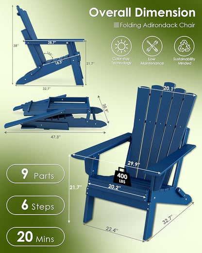 GREENVINES Folding-Adirondack-Chairs-Set-of-4 | HDPE Plastic | Throne Series | Fire Pit Chair | All Weather | for Outdoor Patio Deck Backyard Poolside | Blue