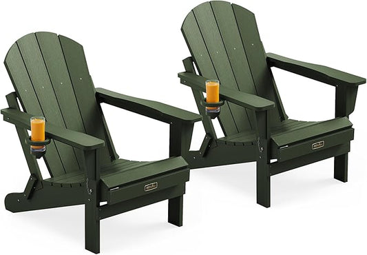 SERWALL Foldable Adirondack Chair with Cup Holder Set of 2 for Patio Garden Outdoors Fire Pit Chairs-Avocadogreen