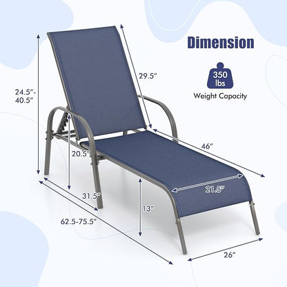 Tangkula Outdoor Lounge Chair, Patio Chaise Lounge with Adjustable Backrest, Reclining Pool Lounge Chair for Outside with Heavy Duty Steel Frame for Beach, Yard, Balcony, Poolside (Navy)