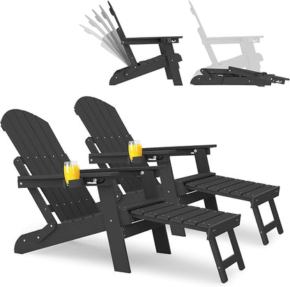 YEFU Adirondack Chair with Retractable Ottoman: Folding Adirondack Chairs Set of 2-5-Level Adjustable Backrest with Footrest - Fire Pit Chairs - Cup Holder - Outdoor Plastic Chair for Patio