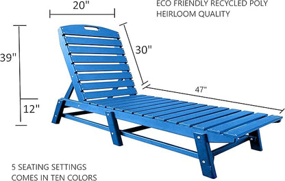 Phat Tommy Outdoor Pool Chaise Lounge, Heavy-Duty Beach Lounger - Folding, HDPE, Recycled Poly Furniture - Reclining Lounge Chair for Patio, Deck, Beach, Cabana, or Poolside, Blue