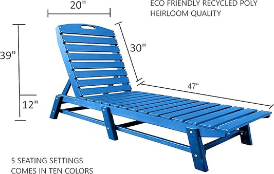 Phat Tommy Outdoor Pool Chaise Lounge, Heavy-Duty Beach Lounger - Folding, HDPE, Recycled Poly Furniture - Reclining Lounge Chair for Patio, Deck, Beach, Cabana, or Poolside, Blue