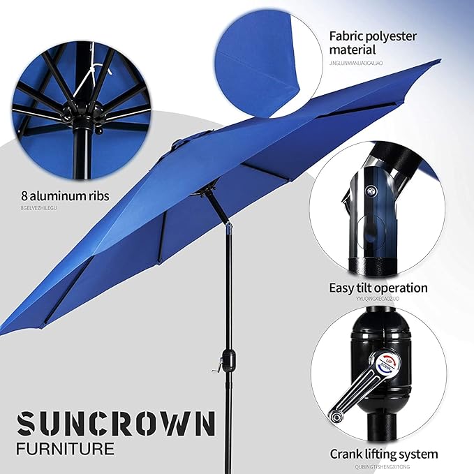 SUNCROWN 7 Pieces Outdoor Dining Set Metal Swivel Cushioned Chairs Patio Furniture Sets with Steel Slat Bistro Table and Dark Blue 10Ft Patio Umbrella for Backyard, Lawn, Garden