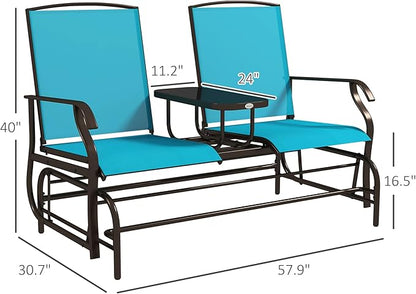 GOWE Outdoor Glider Bench with Center Table, Metal Frame Patio Loveseat with Breathable Mesh Fabric and Armrests for Backyard Garden Porch, Blue