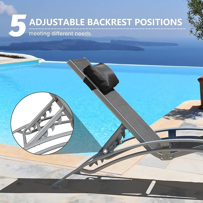 Domi Pool Lounge Chairs Set of 2, Aluminum Adjustable Outdoor Chaise Lounge, All Weather Poolside Chairs for Deck Lawn Poolside, Textilene (Dark Grey)