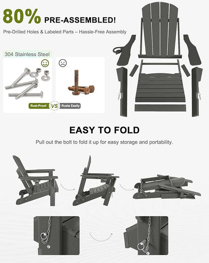 Folding Adirondack Chairs - Plastic Adirondack Chairs with Cup Holder, Weather Resistant for Outdoor, Patio, Lawn, Garden, Backyard Deck, Fire Pit - Dark Gray