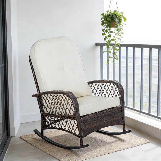 Outdoor Wicker Rocking Chair, PE Rattan Patio Rocker with Cushioned Removable Washable Covers for Porch, Garden, Backyard, Balcony(White)