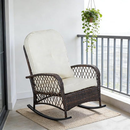 Outdoor Wicker Rocking Chair, PE Rattan Patio Rocker with Cushioned Removable Washable Covers for Porch, Garden, Backyard, Balcony(White)