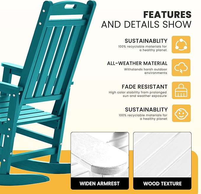 LOUNZY Outdoor Rocking Chair with Footboards Set of 6, HDPE Rocking Chair Patio Porch Rocker with 380lbs Support for Adult, Aruba