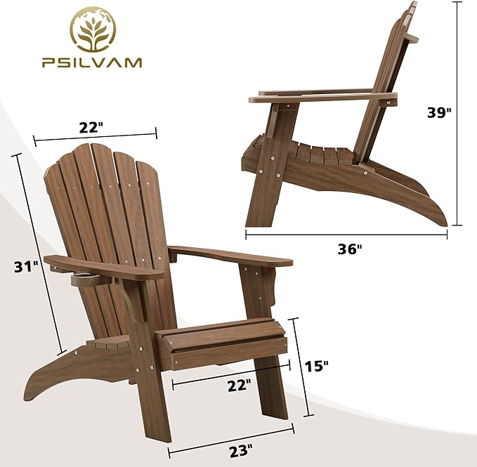 Psilvam Oversized Adirondack Chair, Fade-Resistant & Odor-Free Poly Lumber Fire Pit Chair with Cup Holder, Weatherproof Lawn Chair, Easy 15 Min Install Patio Chair, 350 Lbs Support (1, Light Brown)