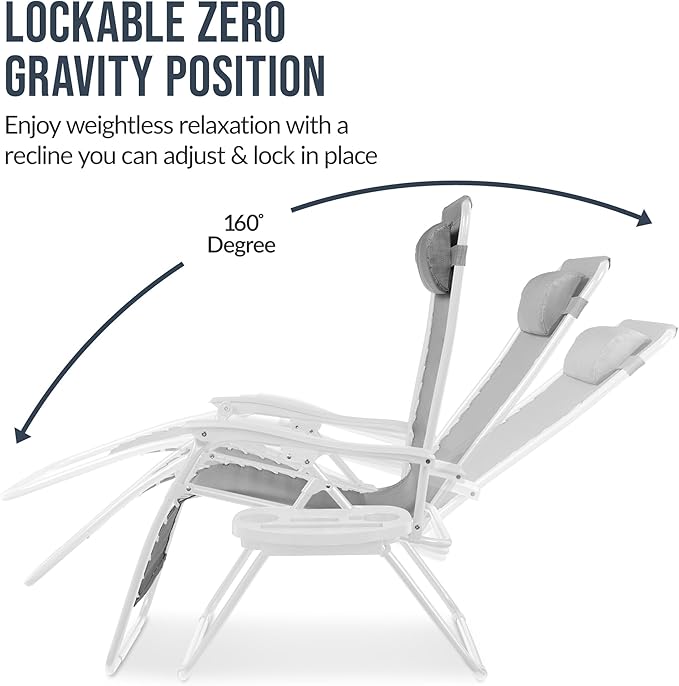 Best Choice Products Set of 2 Extra Wide Adjustable Steel Mesh Zero Gravity Lounge Chair Recliners w/Pillows and Cup Holder Trays - Ice Gray/White