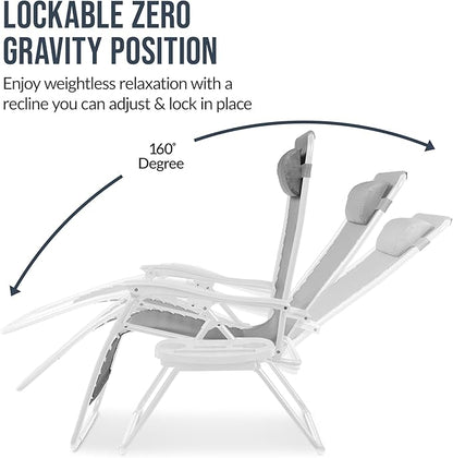 Best Choice Products Set of 2 Extra Wide Adjustable Steel Mesh Zero Gravity Lounge Chair Recliners w/Pillows and Cup Holder Trays - Ice Gray/White