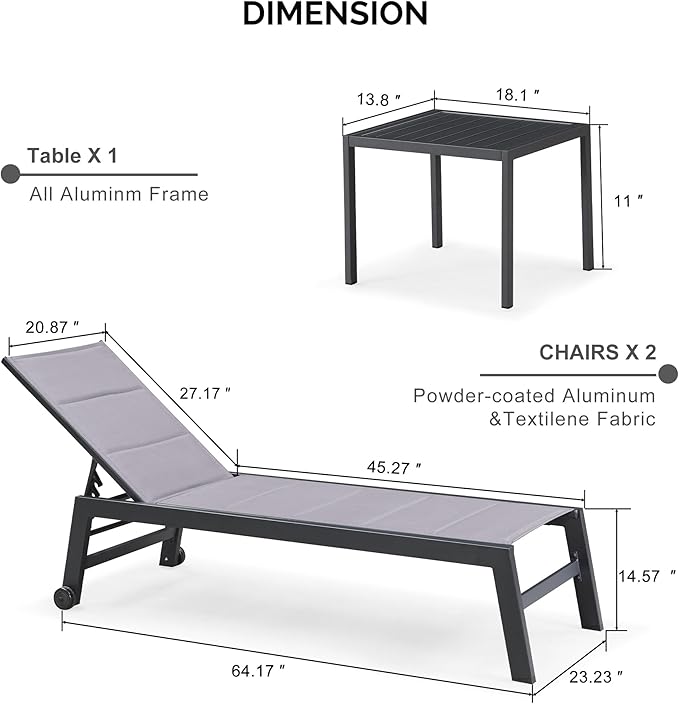 PURPLE LEAF Outdoor Chaise Lounge Set of 2 Aluminum Patio Lounge Chair with Wheels and Side Table Pool Chaise Lounge Chair for Poolside Outdoor Backyard Light Grey