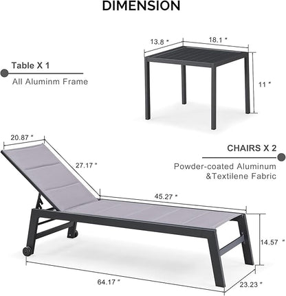 PURPLE LEAF Outdoor Chaise Lounge Set of 2 Aluminum Patio Lounge Chair with Wheels and Side Table Pool Chaise Lounge Chair for Poolside Outdoor Backyard Light Grey