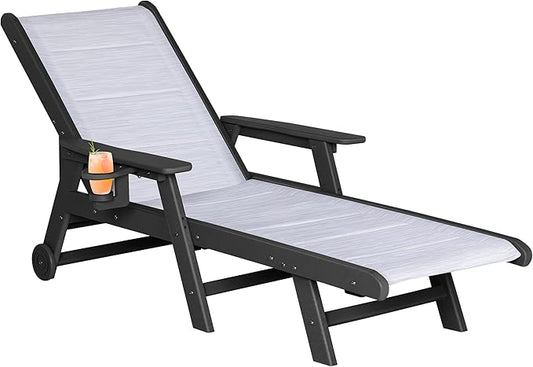 Outdoor Chaise Lounge Chair with Textilene Surface, 5-Position Adjustable Patio Lounge Chair with Wheels & Cup Holder, HDPE Pool Lounge Chair for Outside, Poolside & Beach (Black+White, 1)
