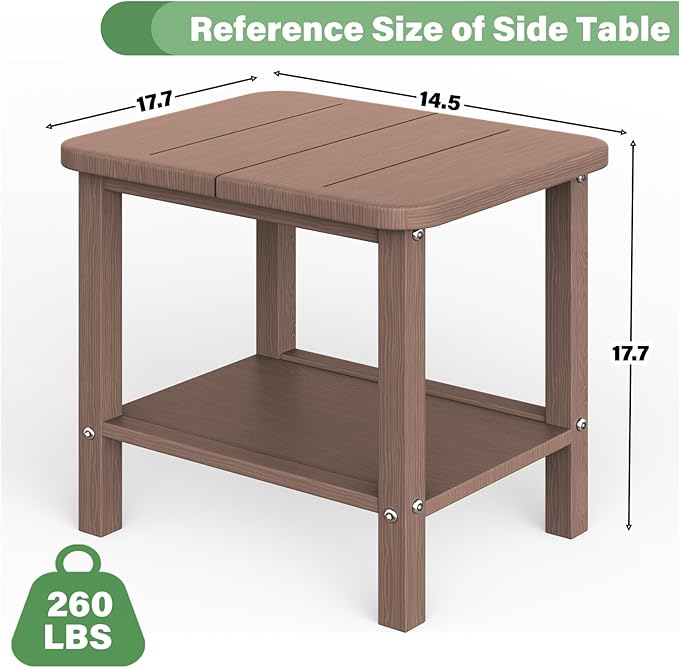Patio Side Table, Small Rectangular HDPE Adirondack End Table for Outdoor Use in Pool, Garden, Lawn, Backyard,Brown