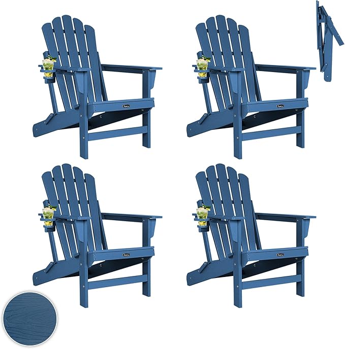FUNBERRY Folding Adirondack Chairs Set of 4, All Weather HDPE Wood Texture Fire Pit Chairs with Cup Holder for Outdoor