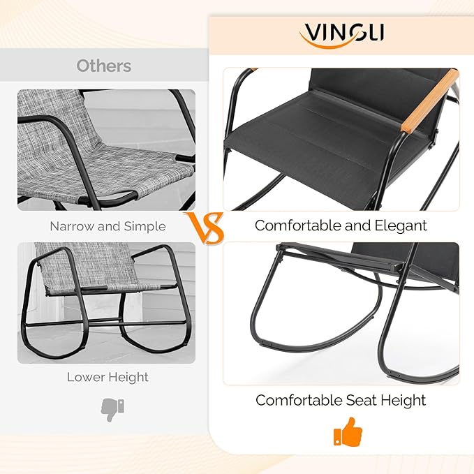 VINGLI Outdoor Rocking Chair, 450lbs Capacity Portable Outdoor Rocker with Hard Armrests, All Weather Porch Rocker for Garden, Living Room, Patio, Lawn (Black, Without footrest)