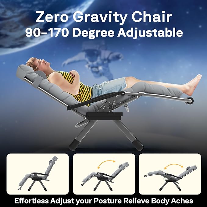 Slendor Oversized Zero Gravity Chairs XXL, 33In Padded Zero Gravity Lounge Chair, Lawn Recliner, Folding Patio Reclining Chair w/Aluminum Alloy Lock, Headrest, Cup Holder, Support 500lbs, Grey