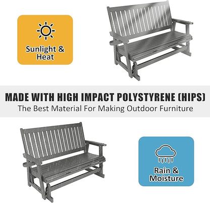 HIPS Patio Glider with Cup Holders, Durable Poly Lumber Material, All-Weather Resistant, High Backrest and Deep Contoured Seat, Heavy Duty 900 LB, for Outdoor, Porch, Patio (Gray, 3-Seat)