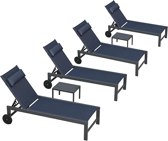 PURPLE LEAF Patio Lounge Chair Set Outdoor Chaise Lounger Aluminum Frame with 2 Side Table and Wheels for Pool Outside Sunbathing Tanning Recliner Including Pillows Navy Blue