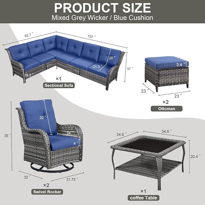 Belord 8 Piece Wicker Patio Furniture Set, Outdoor Swivel Rocker Chairs Set of 2 with Ottomans and Sectional Couch - Photo 2