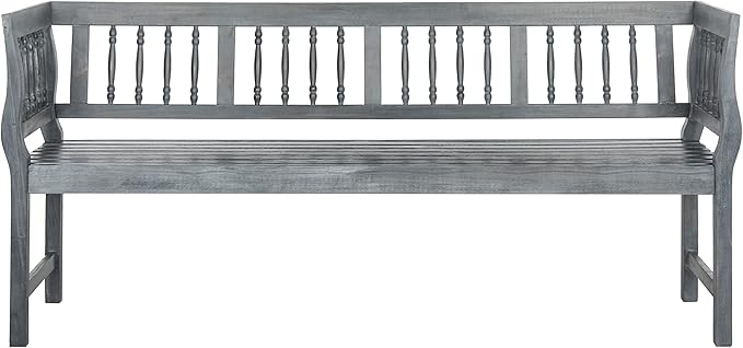 SAFAVIEH Outdoor Patio Furniture Collection – Brentwood Grey Distressed Acacia Wood Bench with Silver Accents, Classic Outdoor Seating for Porch or Garden (PAT6732B)
