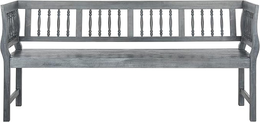 SAFAVIEH Outdoor Patio Furniture Collection – Brentwood Grey Distressed Acacia Wood Bench with Silver Accents, Classic Outdoor Seating for Porch or Garden (PAT6732B)