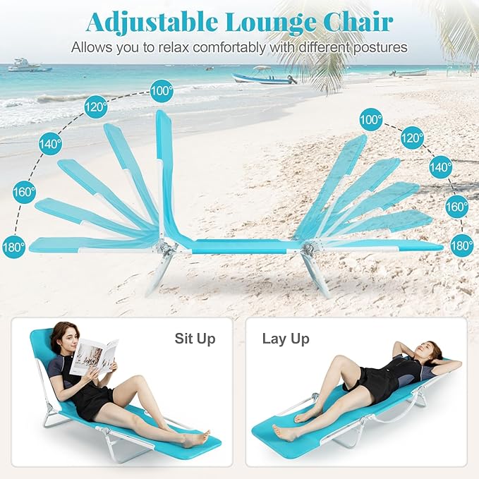 GYMAX Tanning Chair, 2Pcs Folding Beach Chairs with Adjustable Backrest, Footrest, 330lbs Capacity & Shoulder Strap, Portable Layout Sunbathing Loungers for Outside, Patio, Poolside (Turquoise)