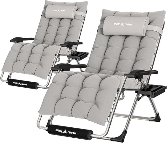 UDPATIO Oversized Zero Gravity Chair 33In XXL Patio Reclining Chair with Cushion, Outdoor Folding Recliner with Pillows, Cup Holder, Foot Rest & Padded Headrest, Support 500LB (2, Light Grey-XL)