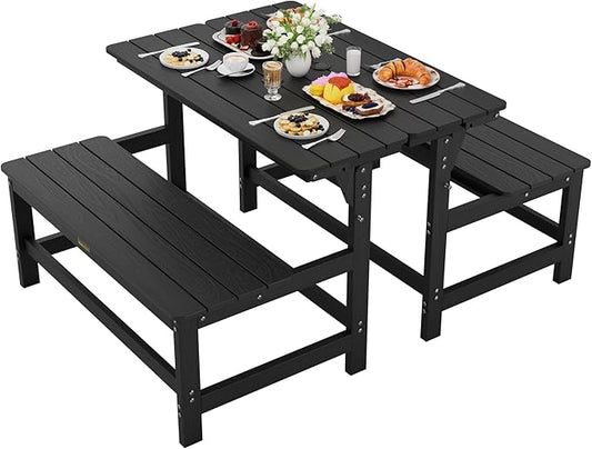 YEFU Convertible Bench Picnic Table: HIPS Convert a Bench with Umbrella Hole - Foldable Space-Saving Picnic Outdoor Benches for Outside Patio Porch Backyard Park Garden Black