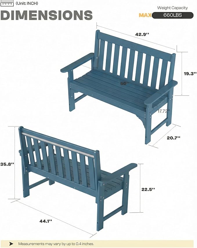 2-Person Outdoor Garden Bench, HDPE All-Weather Patio Bench with Backrest & Armrests, Heavy Duty Outdoor Seating for Porch, Backyard & Park, 660 lbs (Navy Blue, 2 Benches)