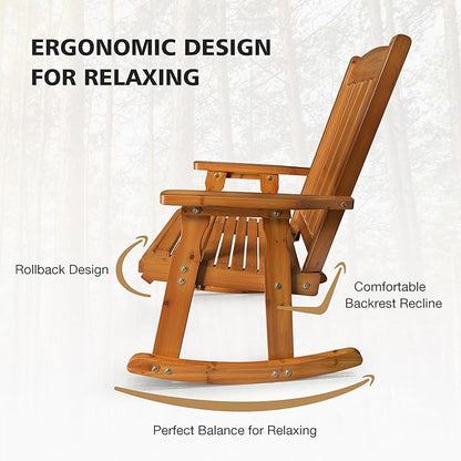 Fortune Candy Wooden Patio Rocking Chair with Comfortable Backrest Inclination, High Backrest and Deep Contoured Seat, Solid Fir Wood, Heavy Duty 600 LBS (Natural, 2 Pieces)