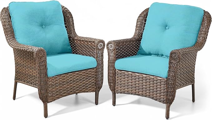 Patio Wicker Chairs Outdoor Furniture Chair - Set of 2 Outside All Weather Lawn Dining Brown Rattan Armchair with High - Photo 1