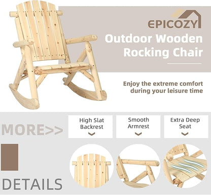 3-Piece Outdoor Wood Rocking Bistro Set, Rustic Adirondack Rocker Chair Set with High Back & Slatted Seat and Side Table, Patio Wooden Conversation Set for Indoor, Deck, Garden, Porch, Natural