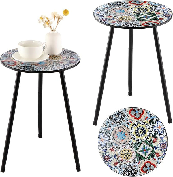 2 Packs Metal Mosaic Round Side Tables 13.4" Small Outdoor Patio Round Accent Coffee Tables Indoor Corner Stand for - Photo 1