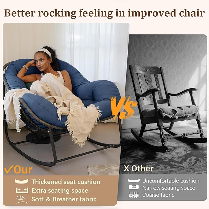 Oversized Rocking Chair Outdoor, Rocking Papasan Chair, Patio Egg Chair with Padded Cushion, Outdoor Wicker Rocking Chair for Front Porch, Garden, Patio (Navy Blue)