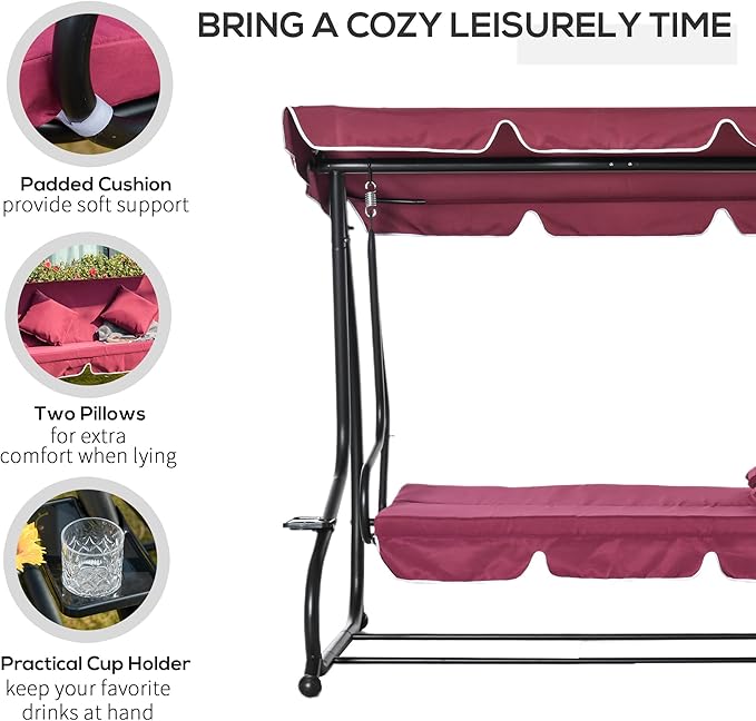Outsunny 3-Seat Outdoor Patio Swing Chair, Converting Flatbed, Outdoor Swing Glider with Adjustable Canopy, Removable Cushion and Pillows, for Porch, Garden, Poolside, Backyard, Red