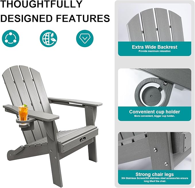 Folding Adirondack Chair, All-Weather HDPE Patio Chair with Cup Holder - Photo 5