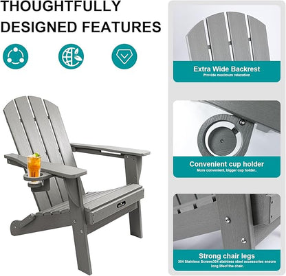 Folding Adirondack Chair, All-Weather HDPE Patio Chair with Cup Holder, Fire Pit Chair for Patio Lawn Garden Backyard Deck,Grey(Grey1, 1 PCS)