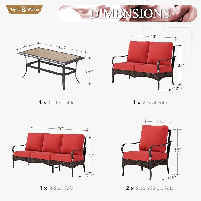 Sophia & William Patio Furniture Set, 5 Piece Metal Outdoor Conversation Set with 3-Seater Outdoor Couch, 2 Sofa Chairs - Photo 7