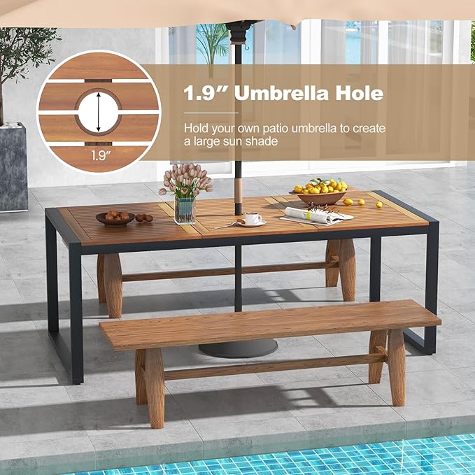 Tangkula 79 Inches Acacia Wood Outdoor Dining Table for 8, Large Rectangular Patio Table with 1.9" Umbrella Hole, Heavy Duty Metal Legs & Adjustable Foot Pads, Outside Table for Patio, Garden, Yard