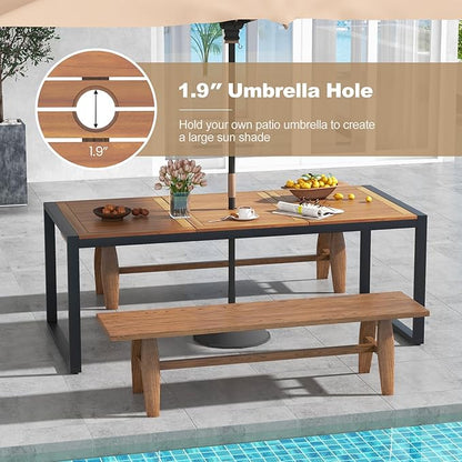Tangkula 79 Inches Acacia Wood Outdoor Dining Table for 8, Large Rectangular Patio Table with 1.9" Umbrella Hole, Heavy Duty Metal Legs & Adjustable Foot Pads, Outside Table for Patio, Garden, Yard