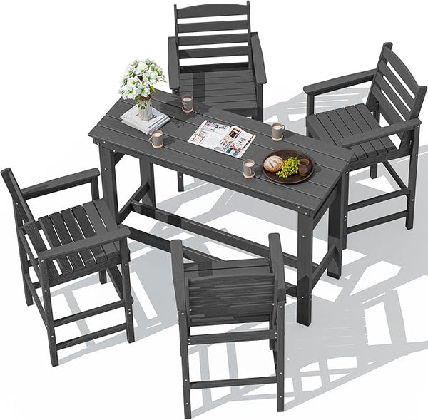 SERWALL Outdoor Bar Set - 4 Adirondack Bar Chairs & Bar Height Table with 1.6" Umbrella Hole - Photo 1