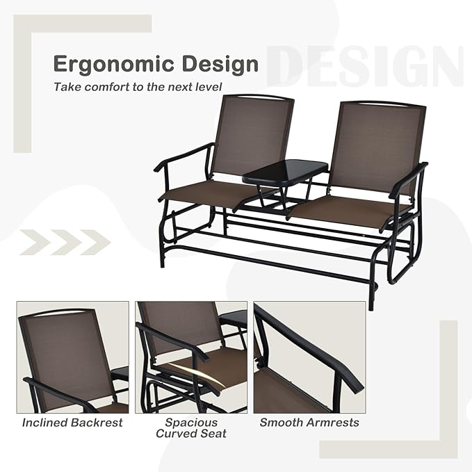 Tangkula 2 Person Swing Glider Chair, Patio Rocking Loveseat w/Center Tempered Glass Table, Outdoor Swing Bench w/Steel Frame & Breathable Mesh Fabric for Porch, Balcony, Poolside (Brown)