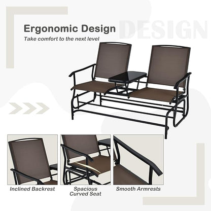 Tangkula 2 Person Swing Glider Chair, Patio Rocking Loveseat w/Center Tempered Glass Table, Outdoor Swing Bench w/Steel Frame & Breathable Mesh Fabric for Porch, Balcony, Poolside (Brown)